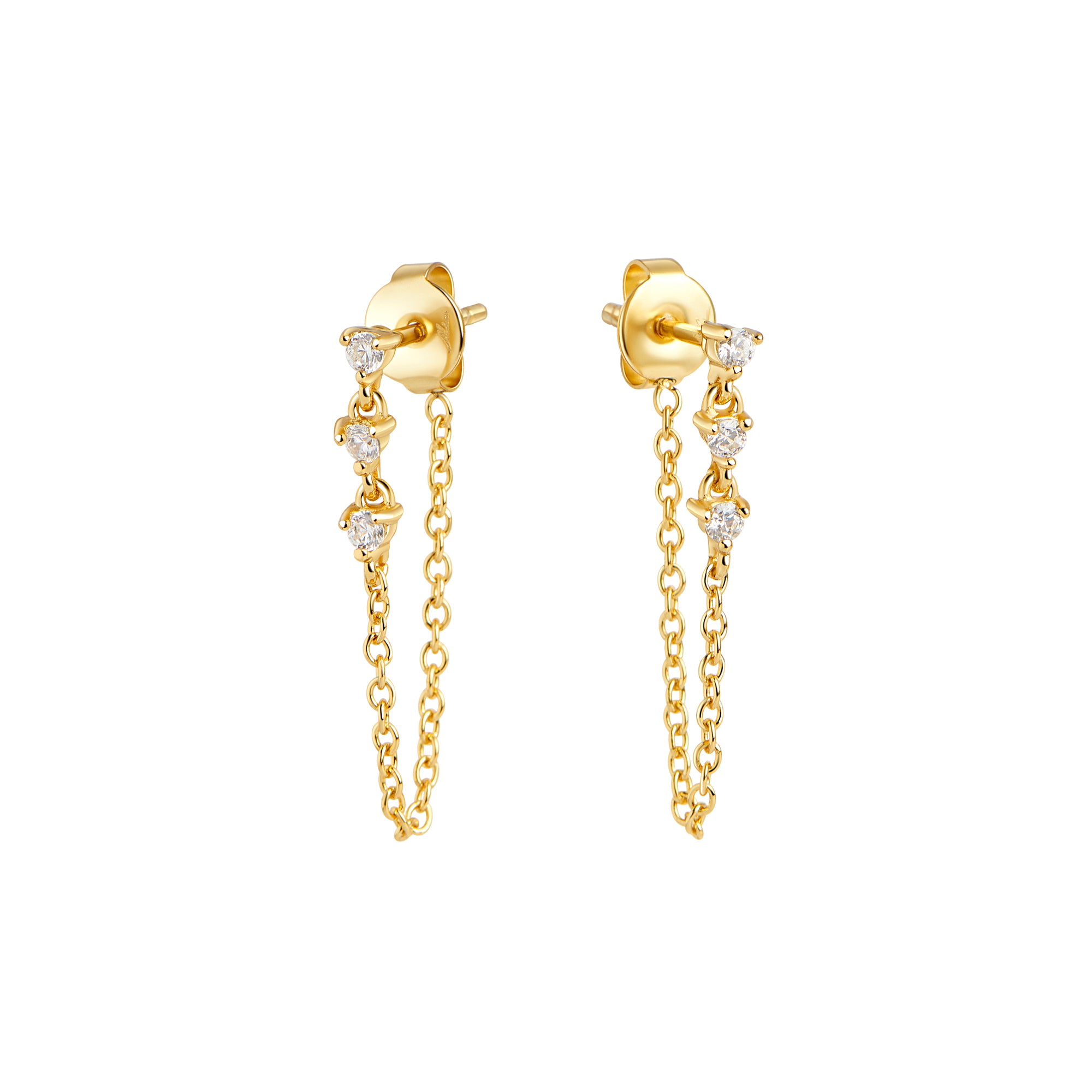 Gold surgical grade stainless steel 3 cz stones and chain pendant earrings no allergy MIAJWL